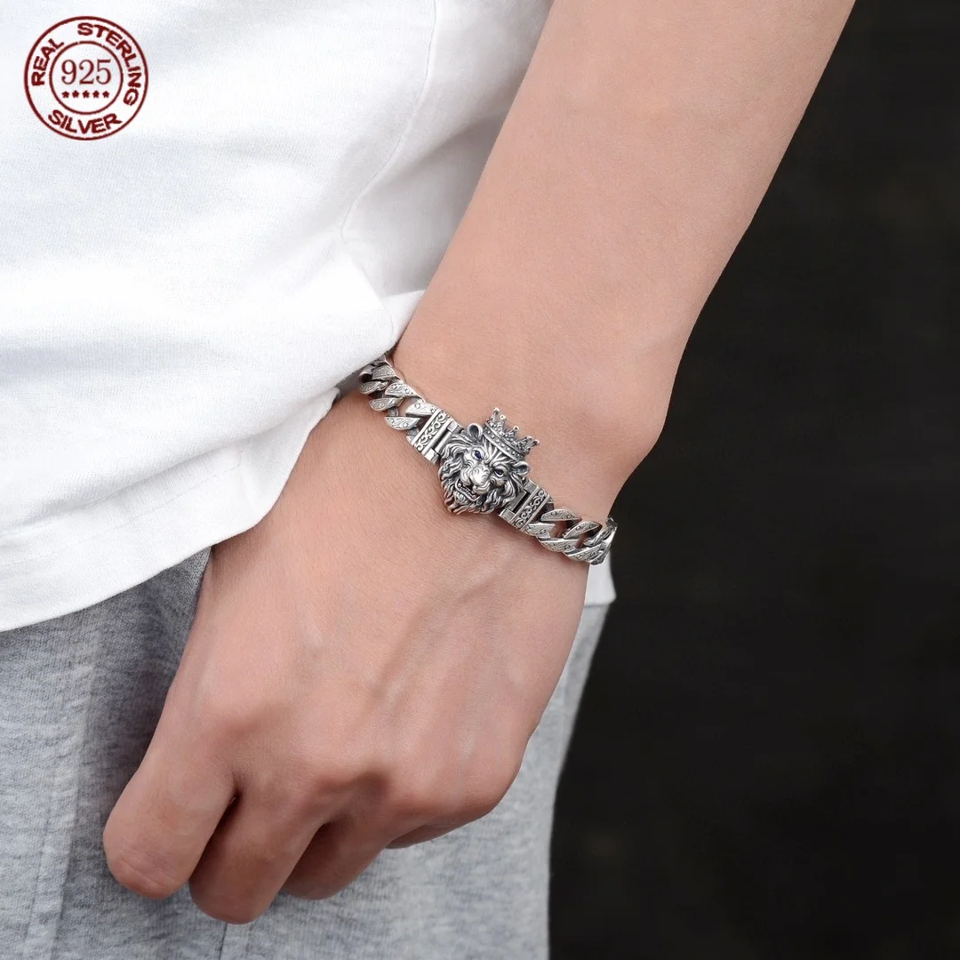 S925 Sterling Silver Tiger Head Men's Bracelet Aggressive Retro Swivel Tiger Cuban Chain Personalized Fashion Hand Jewelry