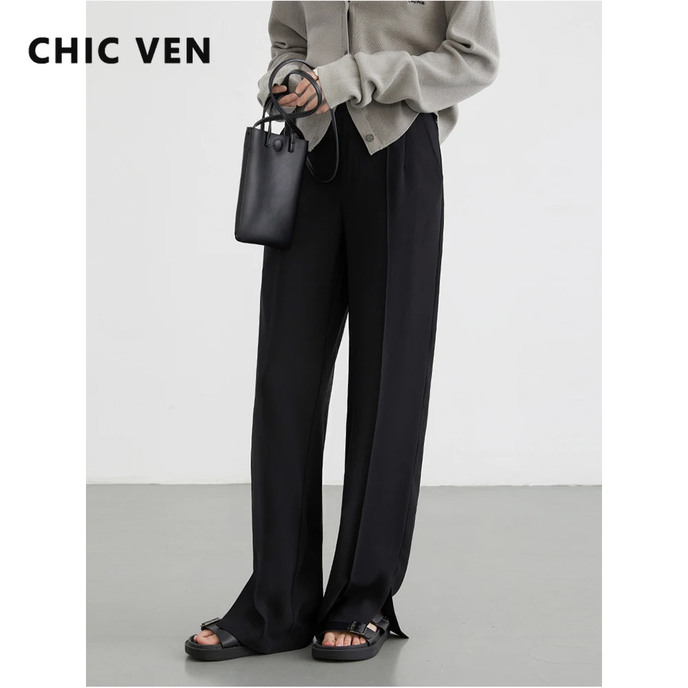 Pantaloni Da Donna Chic Ven Pantaloni Neri Larghi A Vita Alta Con Spacco A Vita Alta Pantaloni Dritti Da Donna A Gamba Larga Primavera Estate 2024