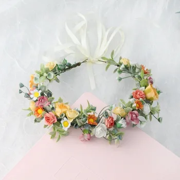 Nuova Corona Floreale di Rose con Nastro e Foglie Verdi, Ghirlanda Floreale, Corona di Fiori Bianchi per Sposa e Matrimonio