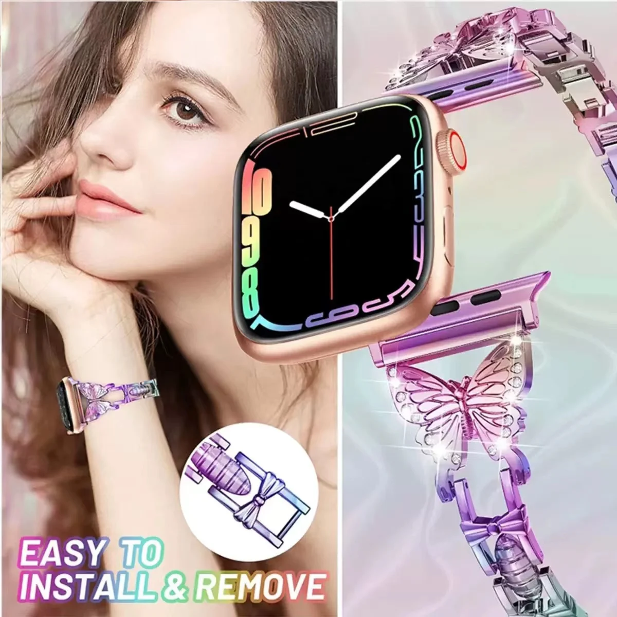 Simple Butterfly Pattern Metal Strap For Apple watch Ultra 8 7 49mm 45mm 41mm 6 5 SE 44mm 40mm wristband For iwatch 3 42mm 38mm