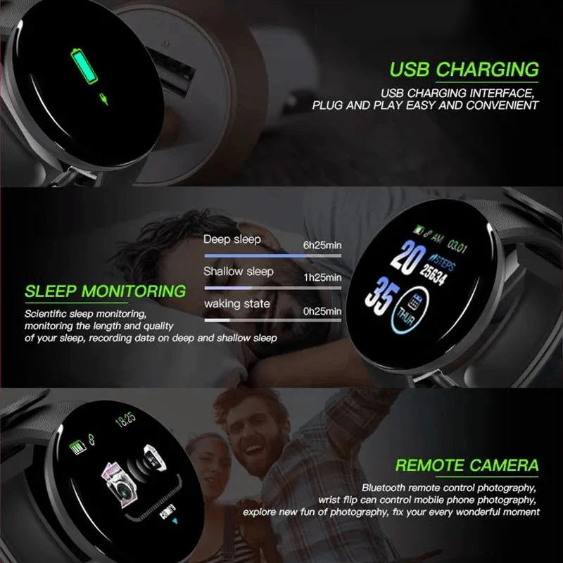 New Smart Bracelet 2025 Real Step Count Fashion Alarm Clock Watch Bluetooth Music Fitness Tracker Sports Smartwatch Android D18