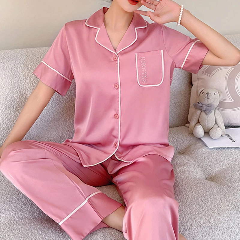 

New Couple Pajamas Set Spring Summer Short Sleeve Trouser Pijamas Suit Female Sleepwear with Pockets Casual Satin Home Clothes