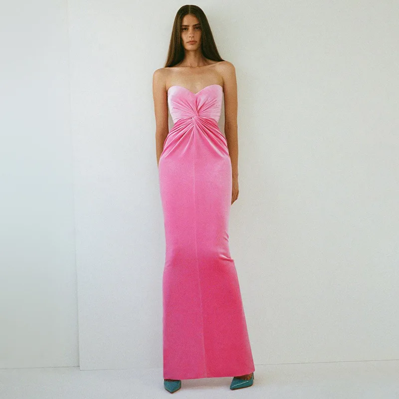 

2022 Autumn And Winter Women's Fashion Pink One Neck Velvet Ruffle Blouse Sexy Light Dress