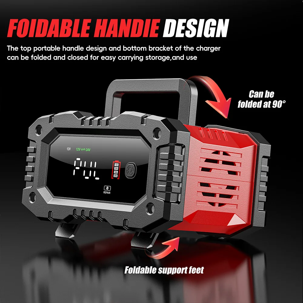 FOXSUR 휴대용 자동차 배터리 충전기, 12V 24V 오토바이 트럭용, AGM LiFePO4 납산 배터리 유지기, 자동차 액세서리, 20A