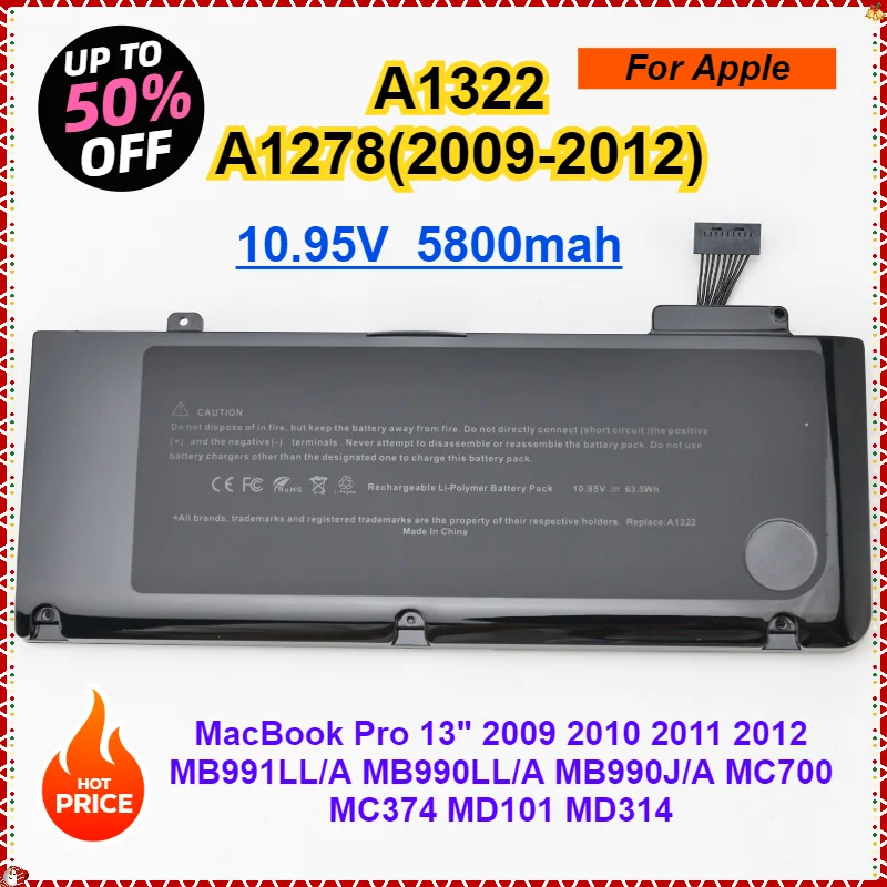 A1322 A1278 Laptop Battery For Apple MacBook Pro 13" 2009 2010 2011 2012 MB991LL/A MB990LL/A MB990J/A MC700 MC374 MD101 MD314