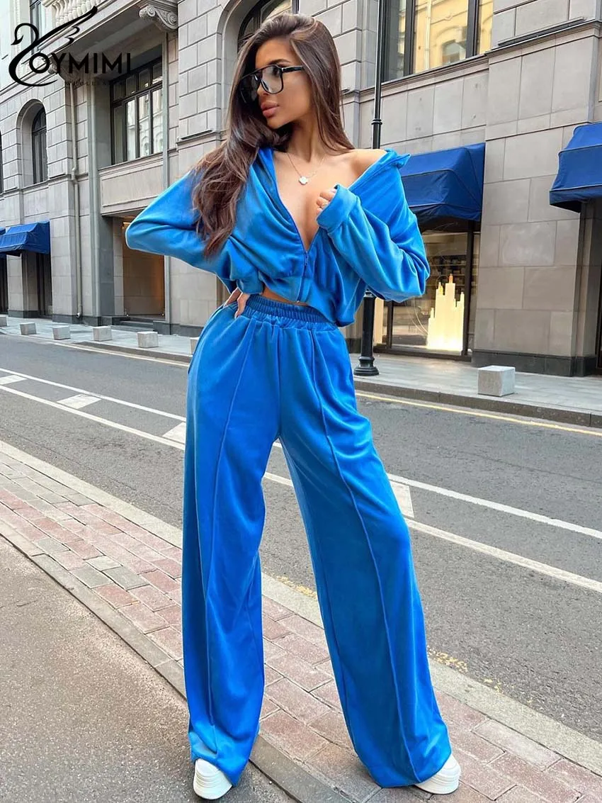 Oymimi Elegant Blue Knitting 2 Piece Sets Women Outfit Fashion Long Sleeve Zipper Crop Tops And Simple High Waist Sweatpants Set