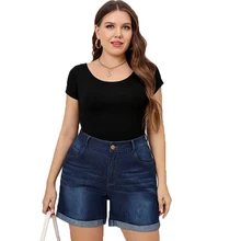 

Blue High Waist Denim Shorts Plus Size Jeans New Women's Clothing Stitching Straight Dark Pants Spring Summer Daily Casual Wear