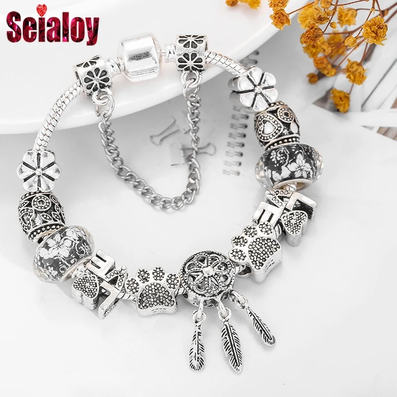 Bracelet Jewelry Bear Dreamcatcher Feather Charm Bracelets For Women Men Crystal Flowers Beaded Bangle Gift