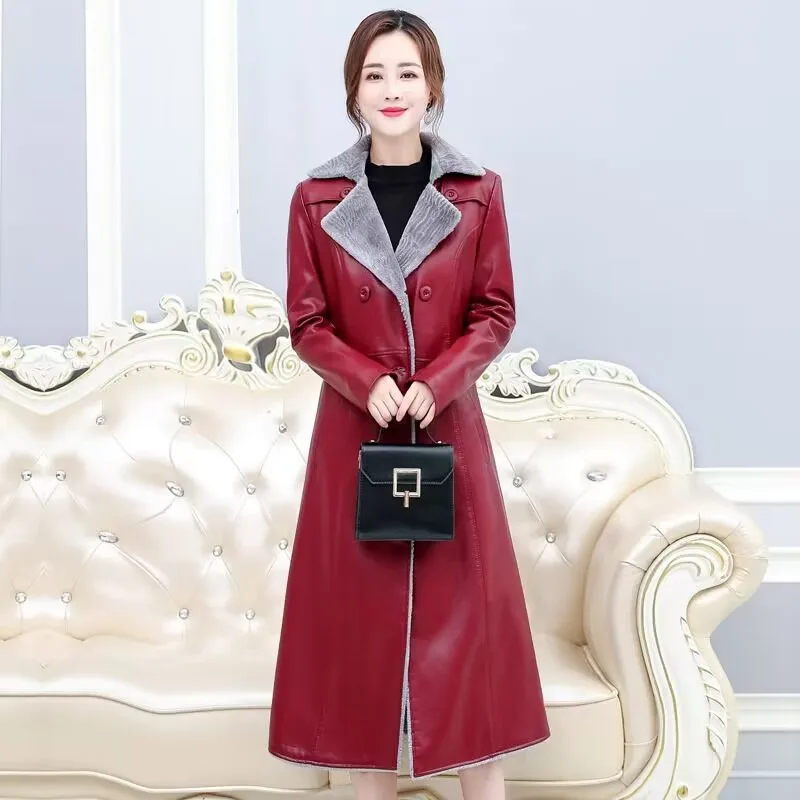 

2023 New Women Long Below The Knee Sheepskin Leather Fashion Slim Fit Large Size Trench Coat Female Thicken Warm Casual Outwear