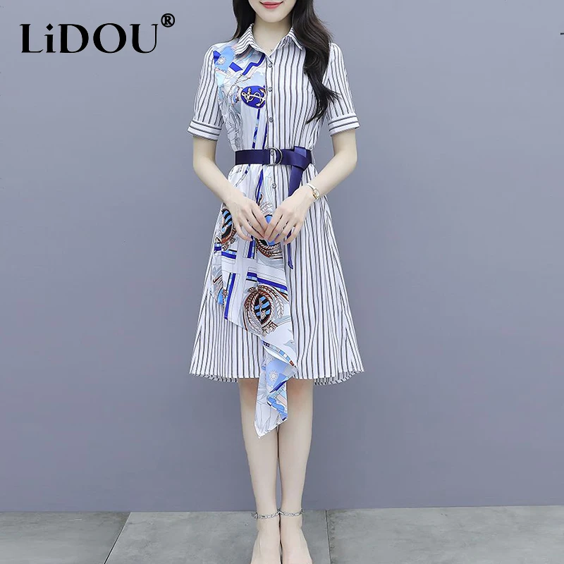 

Summer Elegant Fashion Striped Printing Patchwork Dress Female Short Sleeve Irregular Casual Belt Robe Women Vintage Vestidos