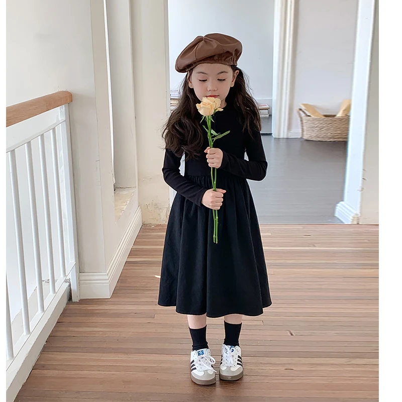 

Girls Long Sleeved Dresses Korean Style Solid Slim A-Line Long Dress Spring Autumn Girl Patchwork Princess Dress