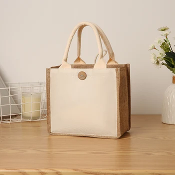 Linen plain color ladies handbag  buckle style fashionable multi-functional gift bag  daily outing shopping storage bag 1
