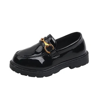 Girls Princess Black Loafers Shoes Child Glossy Student Shoes Classic Metal Chain Kids Fashion Casual Toddler British Mary Janes 1