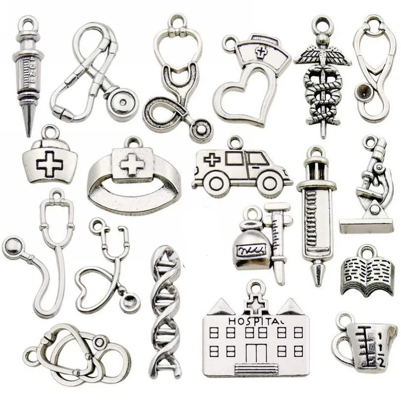 20Pcs/Lot Medical Doctor Nurse Hat Medicine Syringe Stethoscope Charms Ambulance Hospital Pendant For Diy Jewelry Making Bulk 4