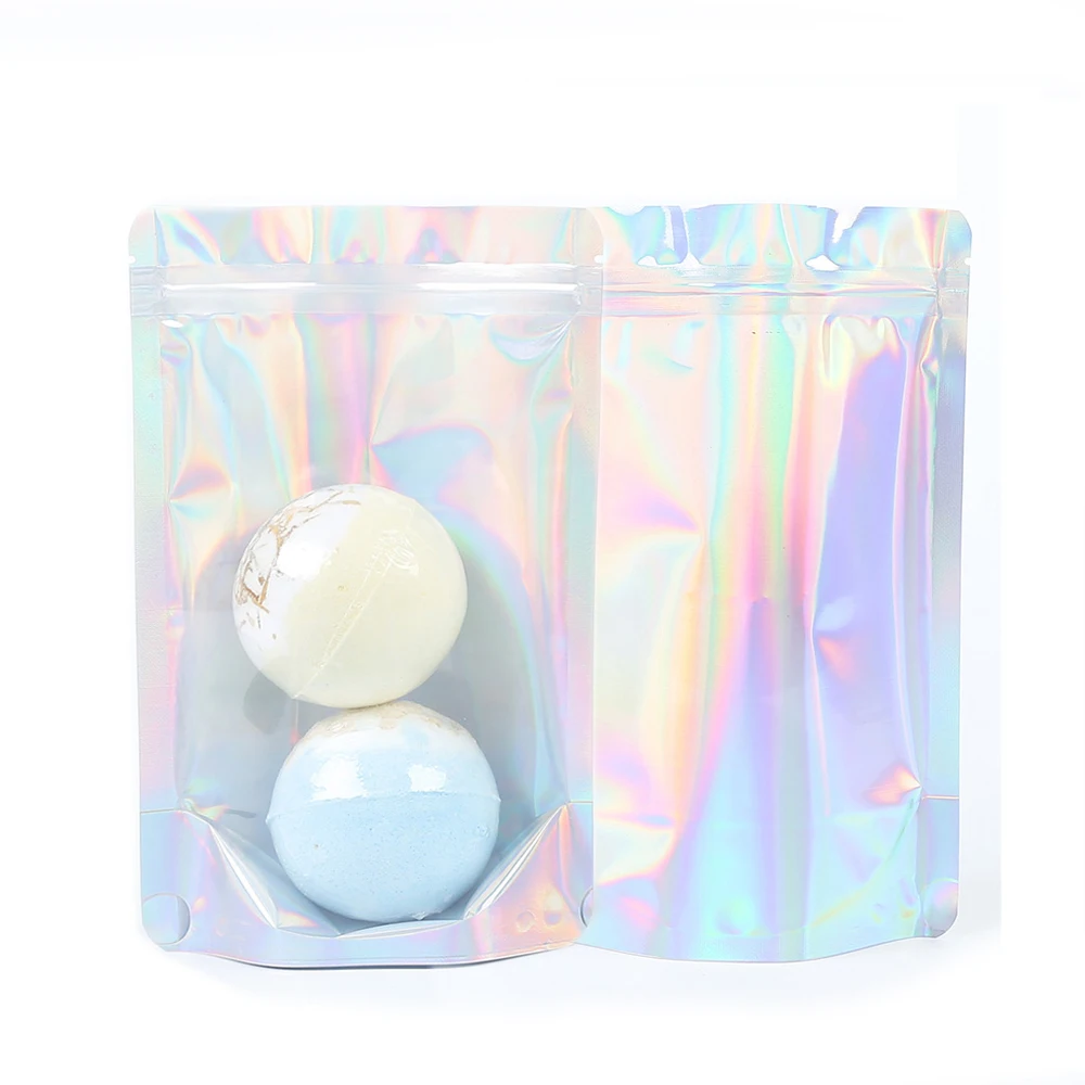 

100Pcs Holographic Mylar Pouch 3.25x5" 4.25x6.25" Clear Window Stand Up Resealable Beauty Products Storage Bag for Cosmetic