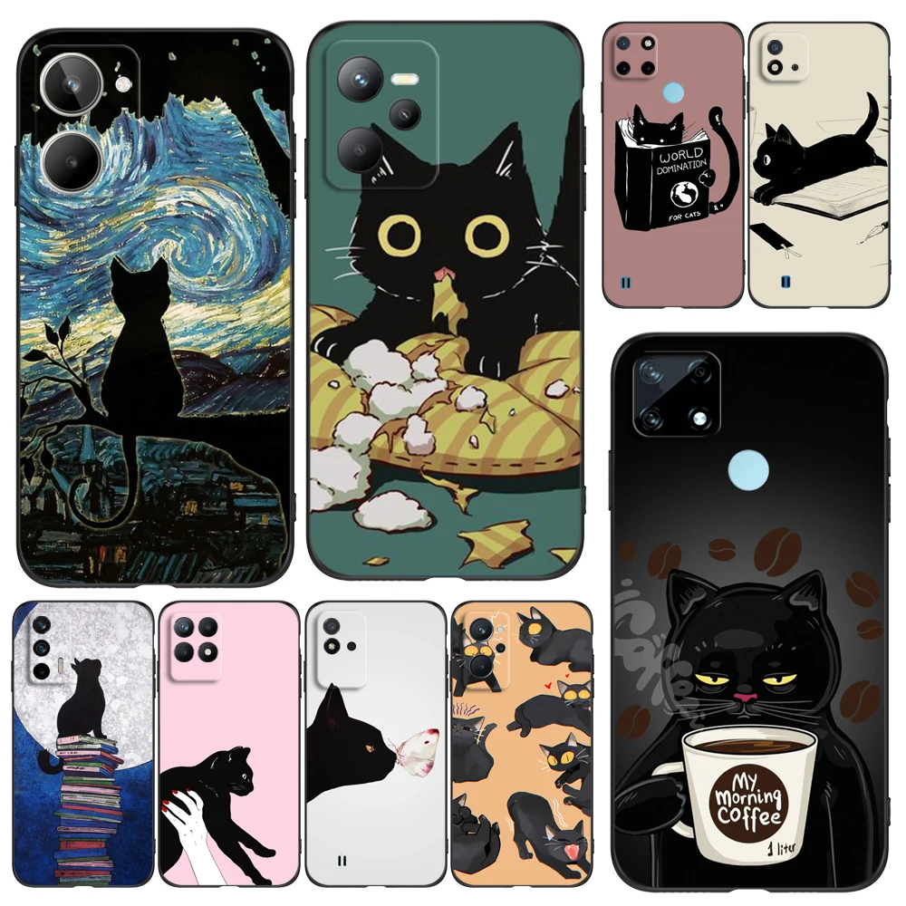 Custodia In Tpu Nero Per Realme Q5 X Xt X2 X3 Superzoom X50 V13 Q3I X7 Pro Ultra Gt Master Edition Cartoon Black Cat