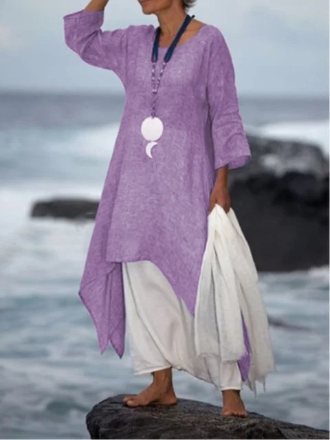 Women Fashion Irregular Leisure Loose Fitting Linen Shirt Tunic Pullover Blouse Baggy Tops Round Neck Comfy Dress Purple
