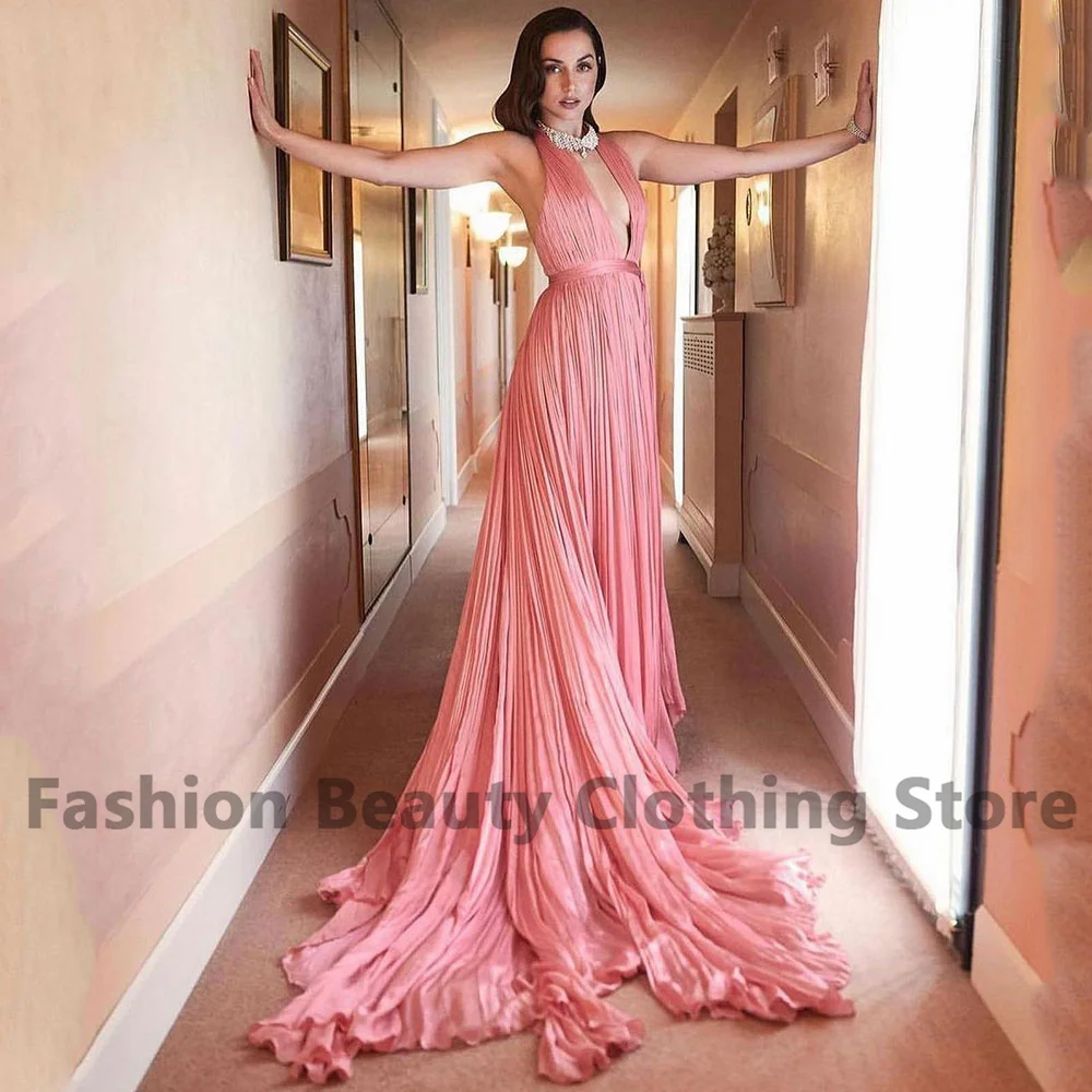 

Chiffon Prom Dress Halter Neck Draped A-Line Backless Sleeveless Saudi Arabian Women's Vestidos Para Mujer Elegantes Y Bonitos