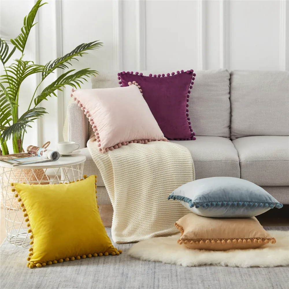 Velvet Decorative Cushion with Ball Home Decor Sofa Pillowcase  Pure Color Drop Ball Plush Car Home Office Throw Pillowcase