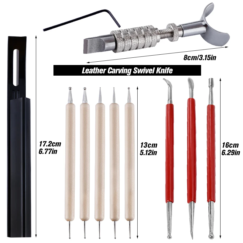 Leather Craft Tool Set 7Pcs Leather Carving Tool Set DIY Swivel Knife Beveler Skiver + 3Blades & Leather Craft Modelling Point Pen
