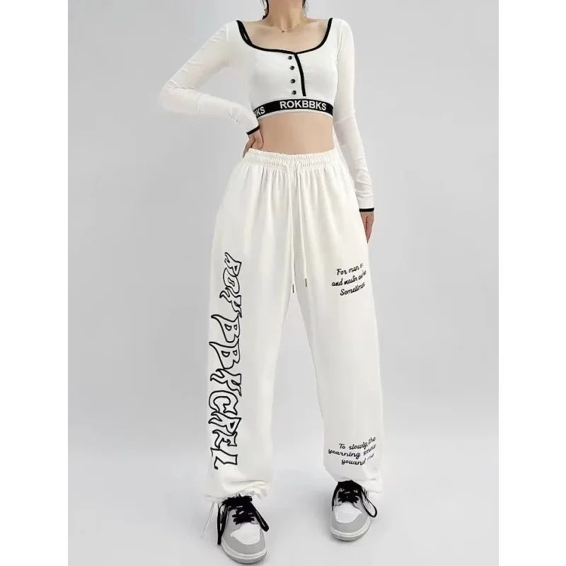 European American Style Sweatpants Women Street Dance Personality Y2K Pants Letter Print Drawstring Design Woman Trousers
