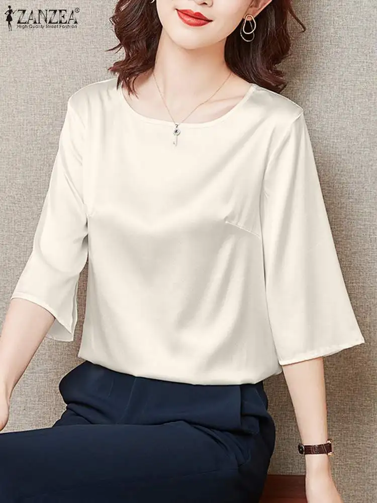 

ZANZEA Elegant Office Satin Blouse Summer Fashion Solid Tunic Tops Women Casual Party Shirt Loose Work OL Blusas Femme Tunic