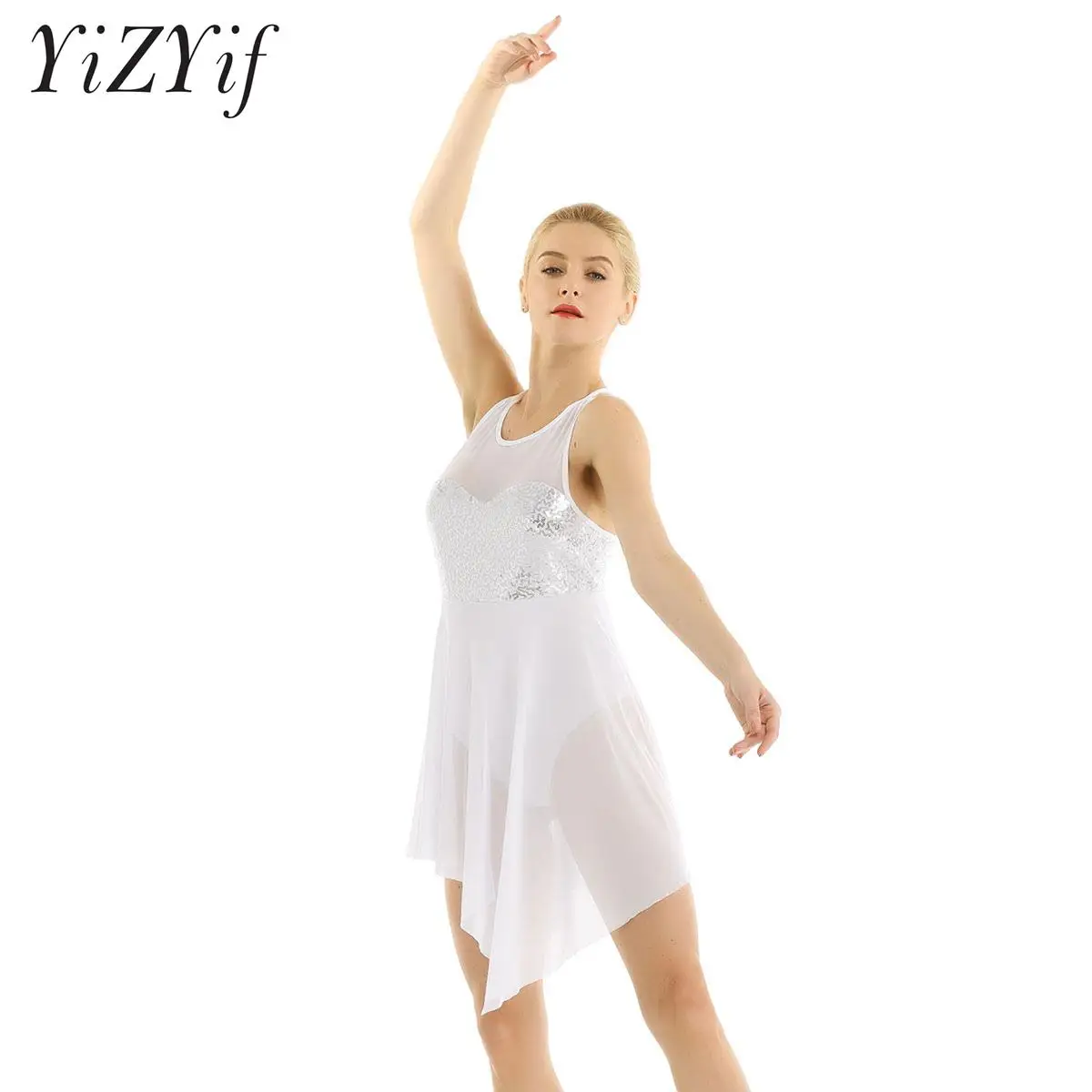 WomenLyricalBalletPerformanceCostumeDancewearShinySequinsCrissCrossBackTulleDress