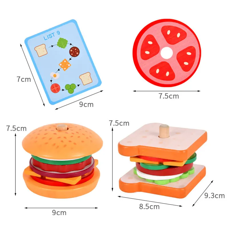 Montessori Pretend Food Matching Wooden Toys Simulation Hamburg DIY Colors Shape Matching Sensory Board Game Educational Toys 6