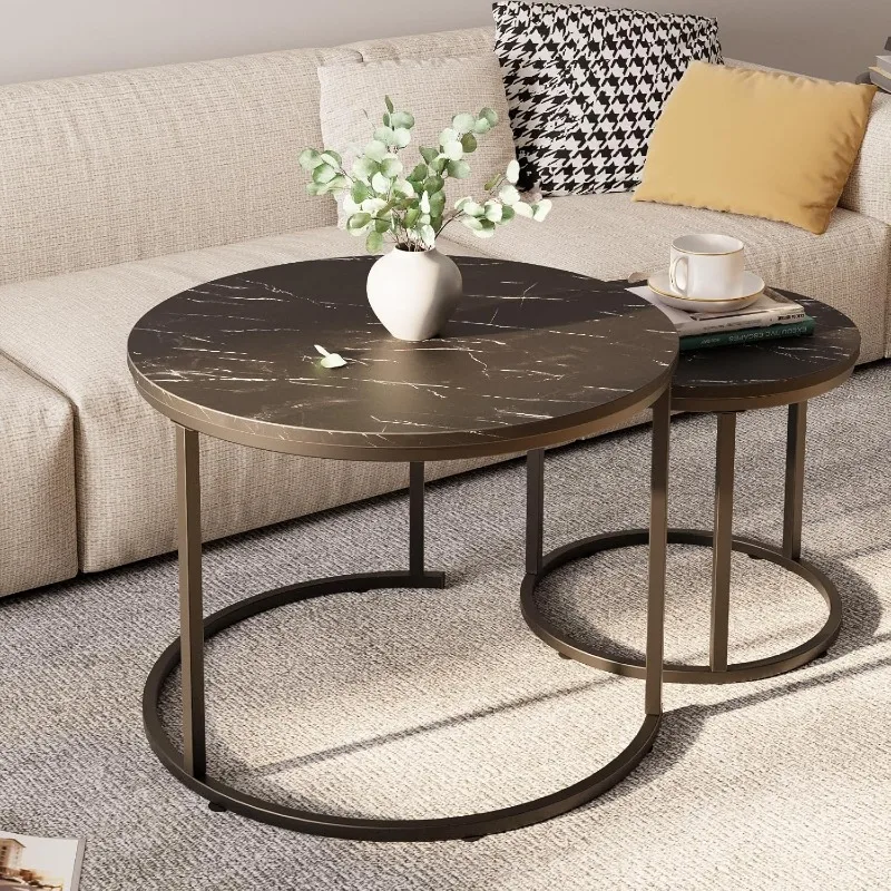 Round Nesting Coffee Table Side Set of 2 End Tables for Living Room Bedroom Balcony,Faux Marble Wooden Table 23.6IN Accent Large 2