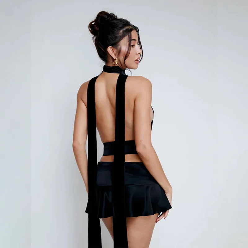 Women's Clothing2024Spring New Sexy Hollow DeepVLace-up Halter Vest Mini Skirt SuitBjd