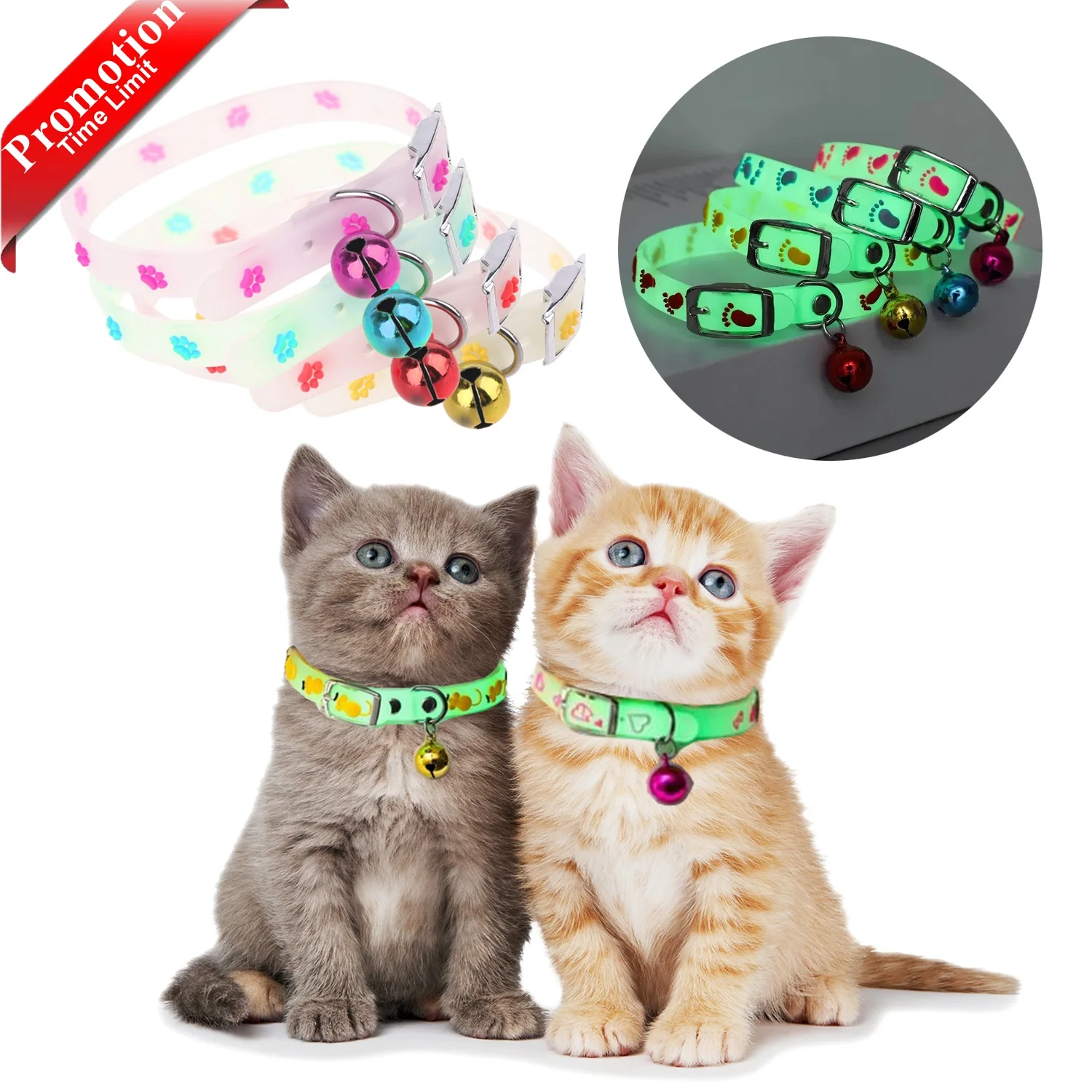 

Small Pets Glowing Collars Bells Glow at Night Fluorescent Silicone Necklace Puppy Cat Light Luminous Neck Ring Accessories