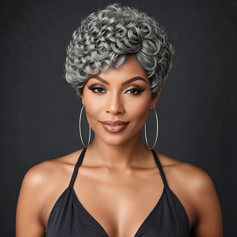 Hairinside Bob Wig Salt and Pepper Silver Grey Short curly Virgin Brazilian Human Hair Wigs For Women Hair curly 200 Density