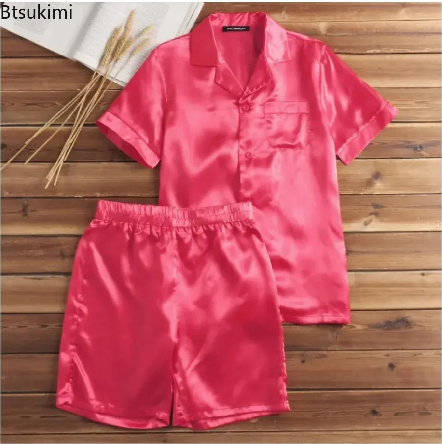 2024 Men's Summer 2Pcs Pajamas Suits Sets Satin Silk Short Sleeve Sleepwear Nightwear Homewear Tops+pants Male Silk Pajamas
