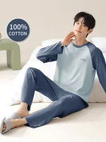 Vêtements de nuit pour hommes, 100% coton, manches longues, quatre saisons, grande taille, ensemble de costume de maison en pur coton pour adolescents pour la chaleur 1