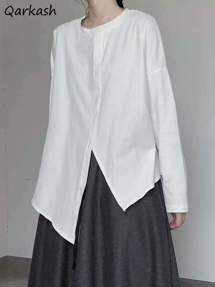 

Женские футболки с длинным рукавом M-4XL, асимметричный дизайн, чистый Повседневный весенний универсальный стиль Ulzzang, классический модный женский стиль