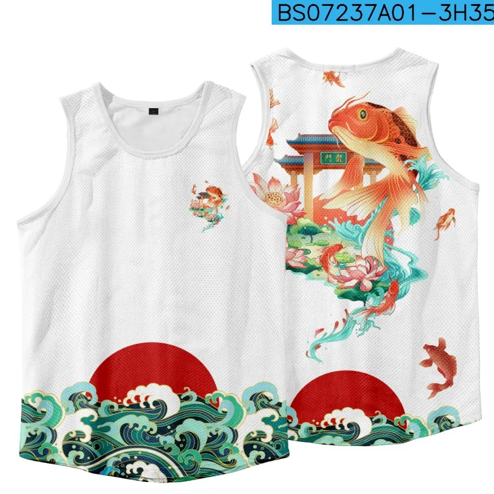 

Workout Sports Gym Men Chinese Style White Carp Print Tank Top Sleeveless Shirt Clothing Singlets Fitness Vest And Shorts Set