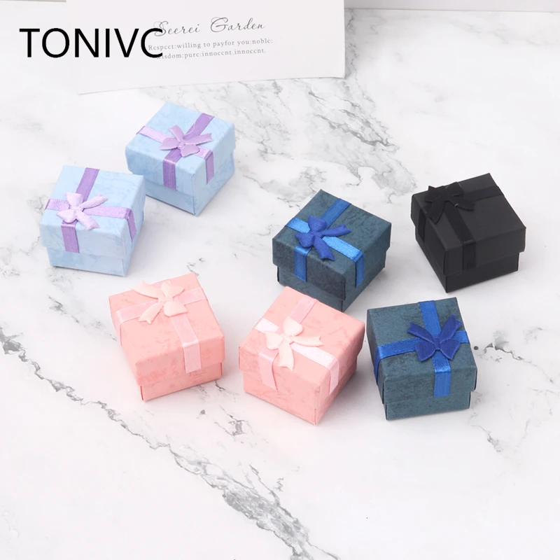 TONVIC Paper Ring Boxes With Bow Design Necklace Earrings Box Wedding Party Jewelry Gift Box Wholesale