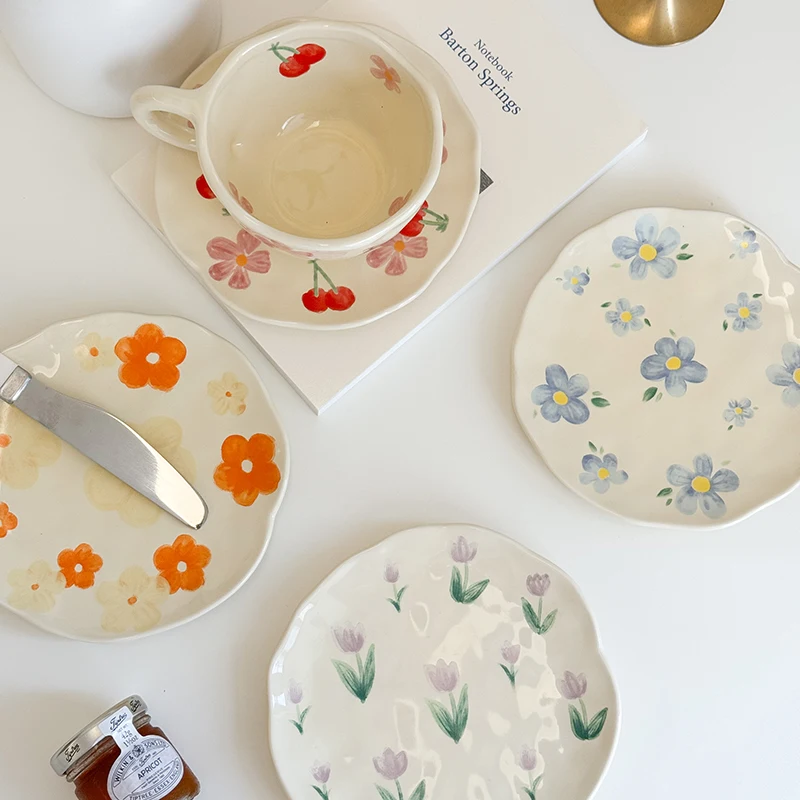 Coffee Cup Saucer Set Korean Style Flower pattern Ceramic Cup and Saucer Set Hand Pinched Irregular Coffee Cup Milk Afternoon Tea Tableware Gifts