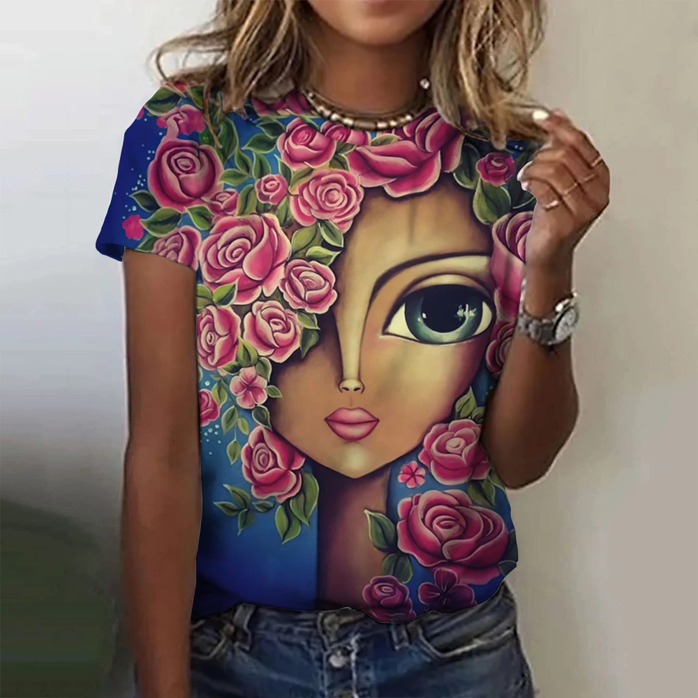 Dam t-shirt för sommar med 3d blommig tryck oversized topp_voghion.com