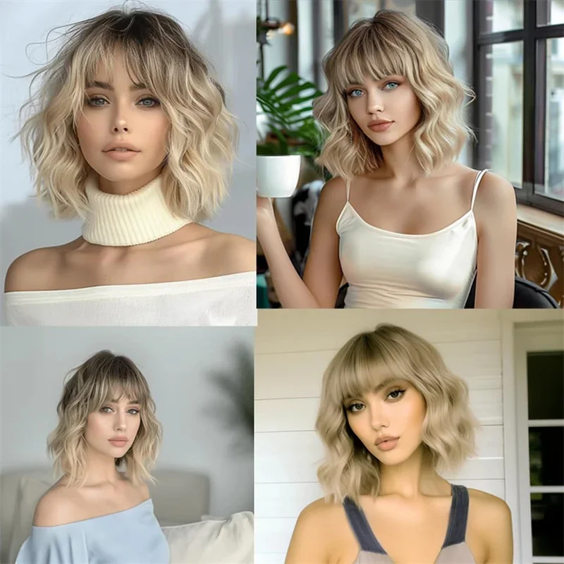 Rooted Blonde Bob Wig with Bangs Heat Resistant Fiber ombre blond Fringe Wavy Wig Synthetic Lace Front for Women Daily Use