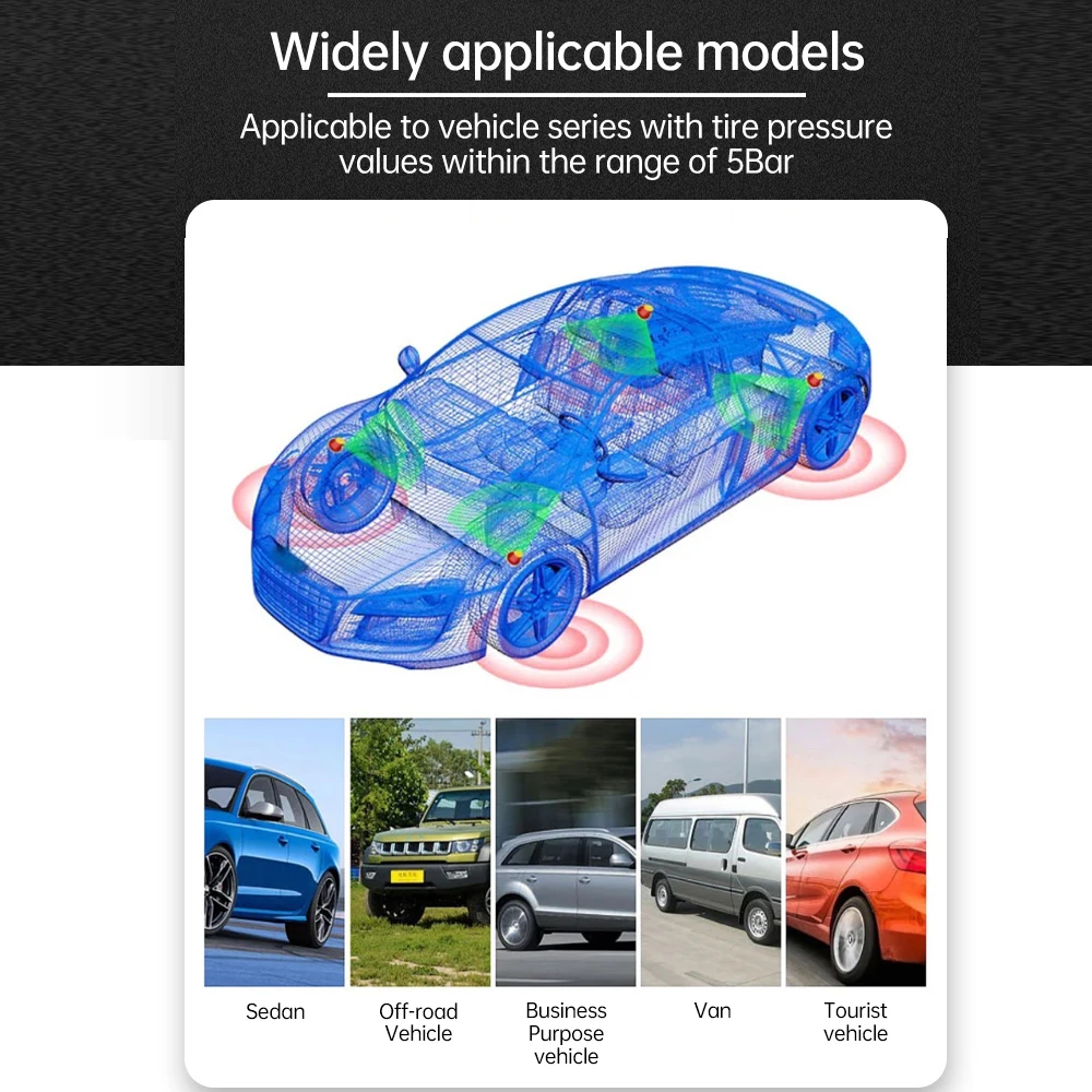 Car TPMS Tire Pressure Alarm Monitor System 4 External Sensors Temperature Warning Digital Colorful Display Wireless Solar