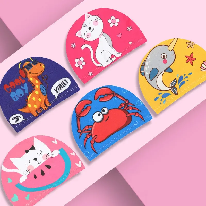 Kids Swimming Caps PU Waterproof Cute Cartoon Swimming Cap Ear Protection Boys Girls Children Lovely Swim Pool Hat Bathing Cap 2