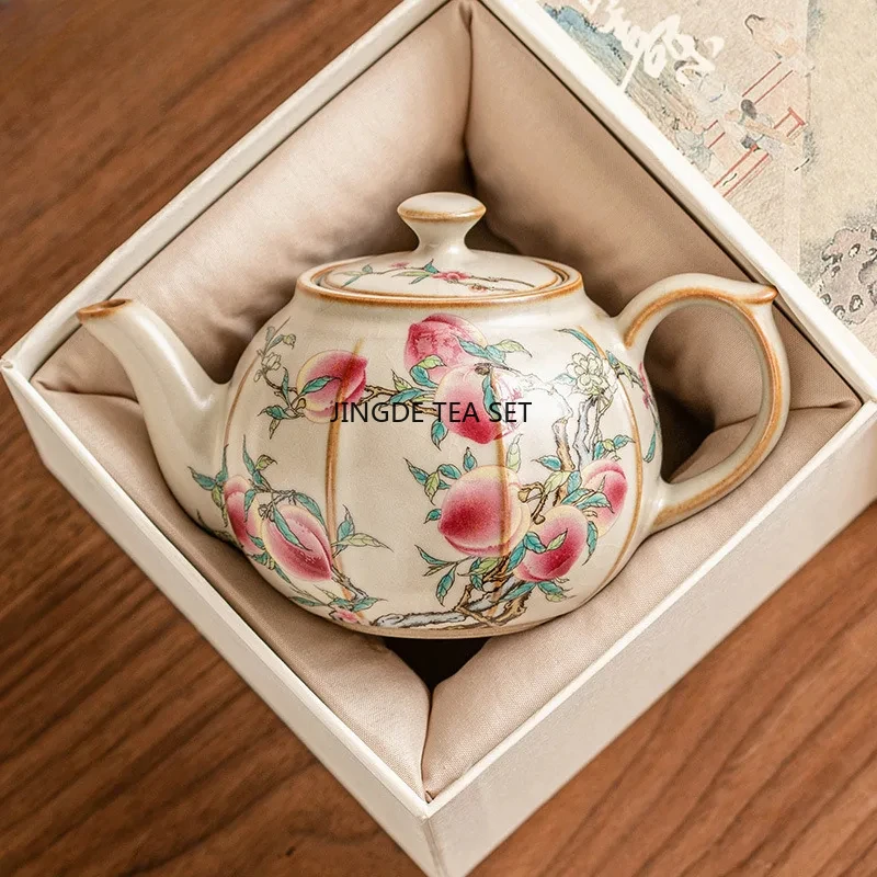 220ml high-end Ruyao teapot Japanese pink Longevity Peaches peach tea set 1 pot 2 cups tea ceremony set