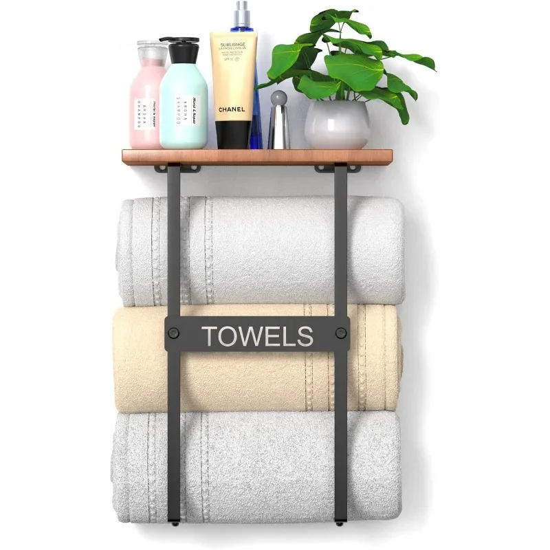 

Black Towel Racks for Bathroom Organizer Wall Mounted with Wooden Shelf and Towel Storage Rack Rustproof Metal Towel Holder