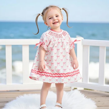 Toddler Girl Birthday Dress with Puff Sleeves and Embroidered Letters Smocked Summer Party Dress for Baby Girls 3