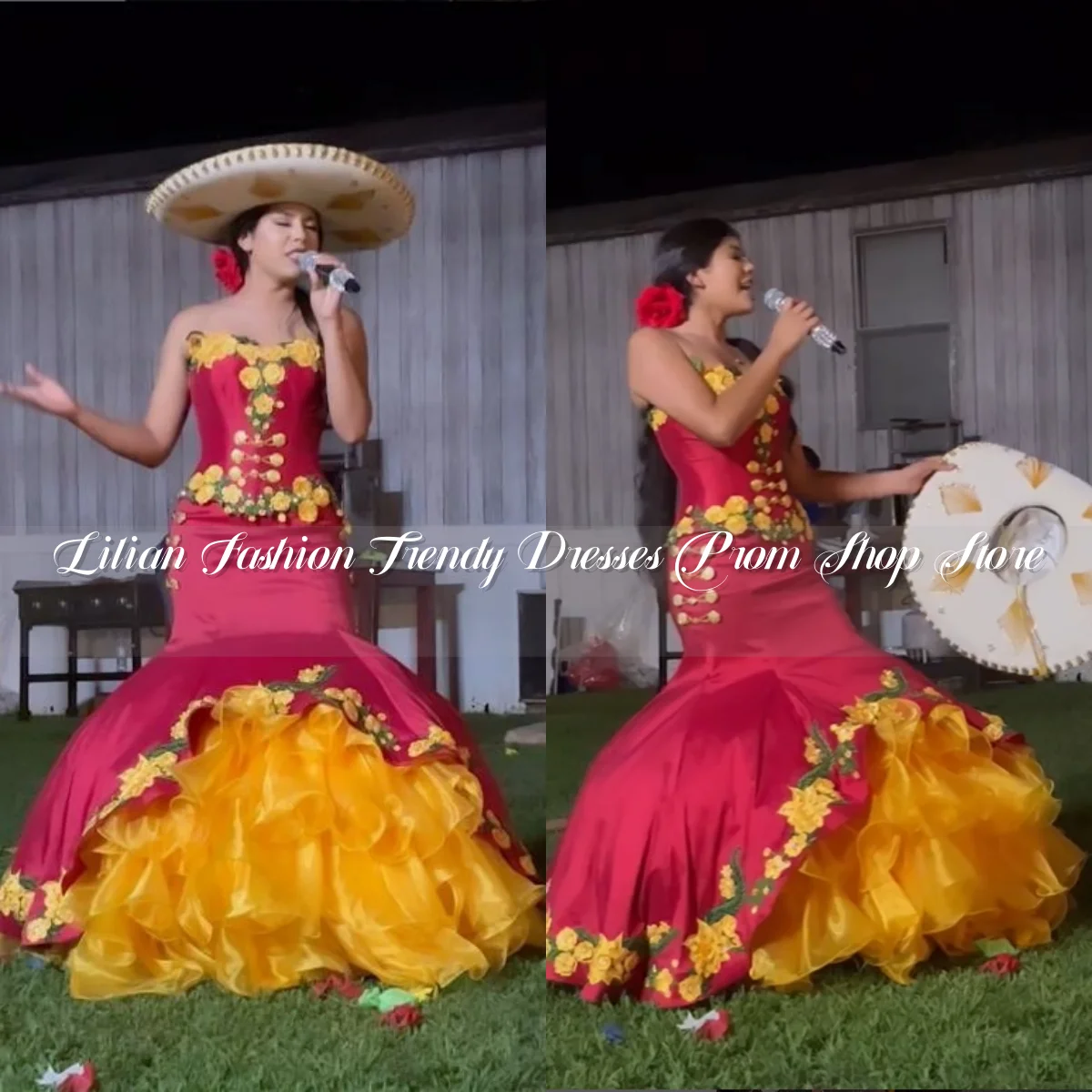 Mexican Queen Prom Dress Red Luxury 3D Floral Embroidered Lace Mermaid Customised Birthday Party vestidos de novia