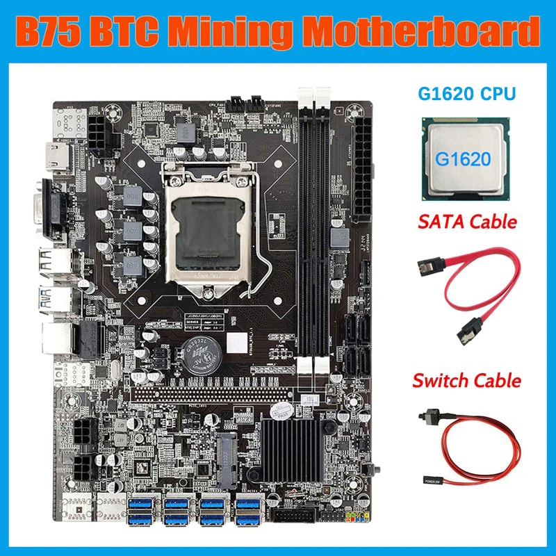 Материнская плата B75 ETH для майнинга 12 PCIE 8 к USB с процессором G1620 LGA1155 MSATA Поддержка 2