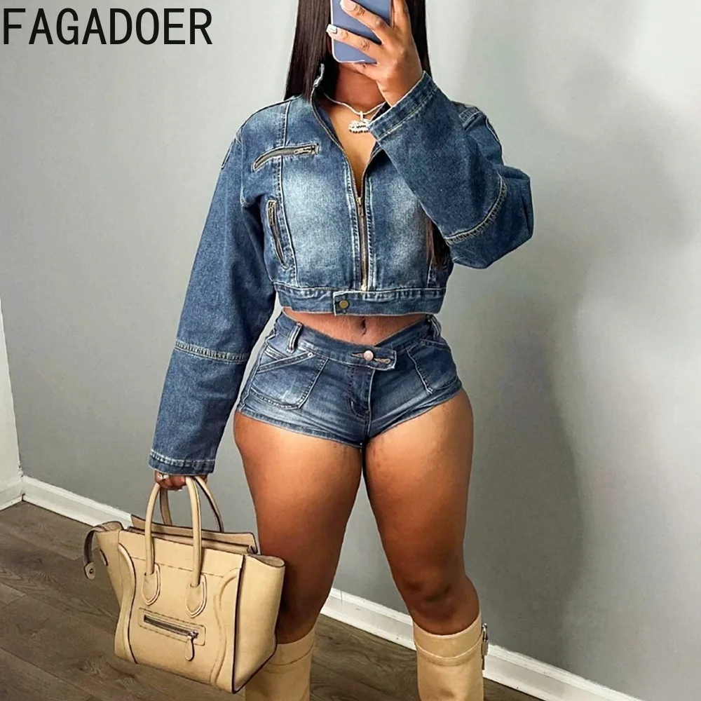 FAGADOER Retro Y2K Blue Fashion Denim Two Piece Sets Women Long Sleeve Zip Crop Top And Shorts Outfits Spring New Cowboy Suits