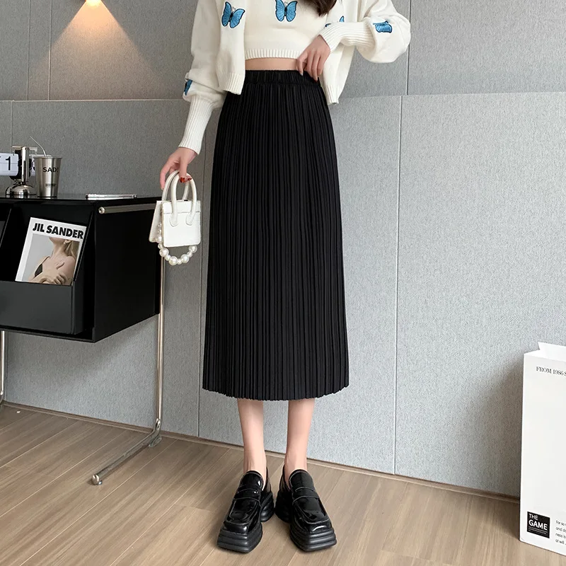 

New Korean Fashion Bifurcate Knitted Skirt Women Autumn Winter All Match High Waist Pleated Skirt Female Slim Midi Long Skirts