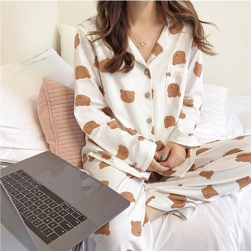 Women 2 Pieces Pajamas Sets Cute Ladies Pijama Print Female Pyjama Sleepwear Long Sleeve Shirt Pants Suit Homewear Loungewear